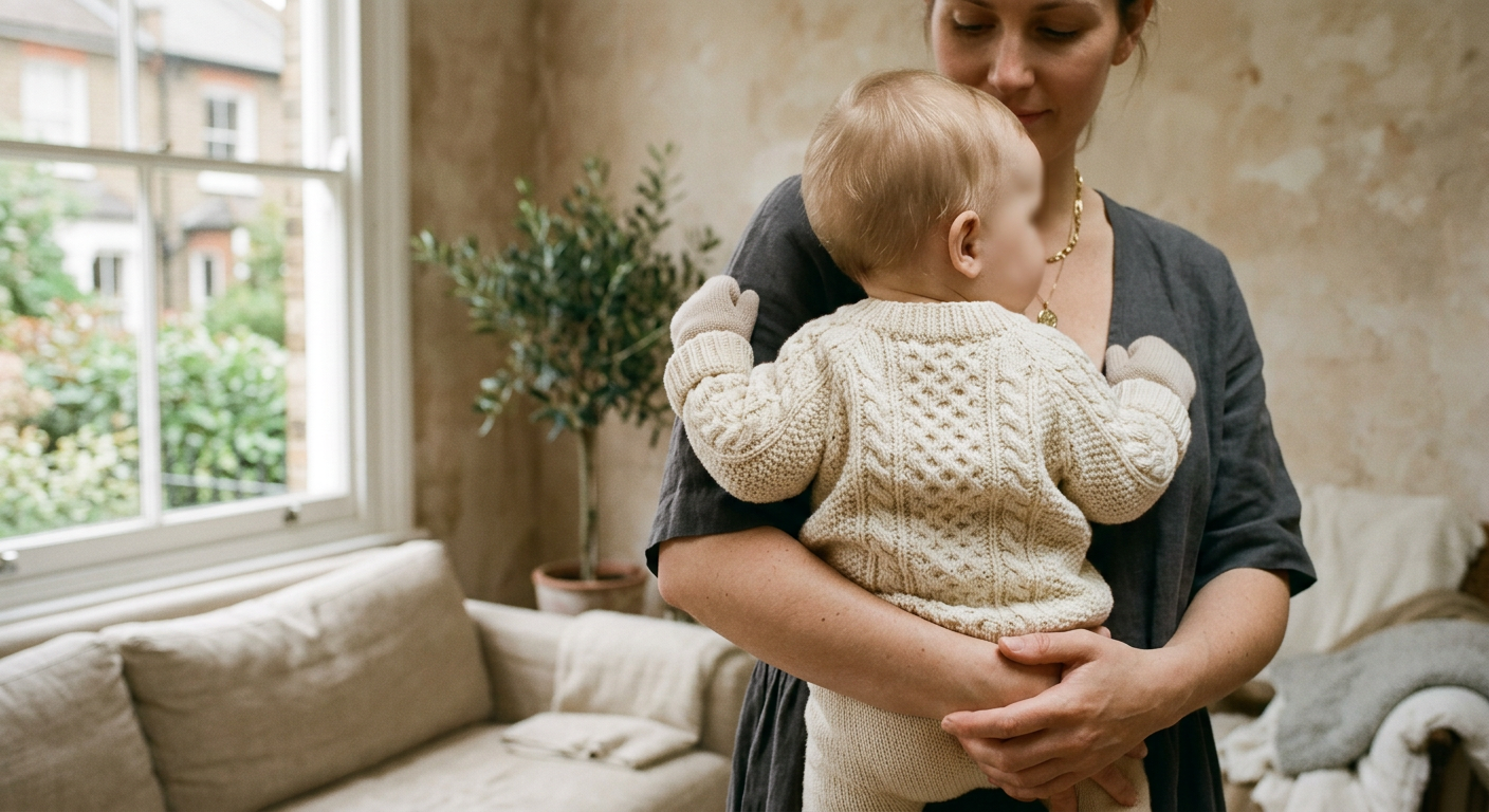 The Rowan Jumper hand-knitted baby jumper worn by a baby